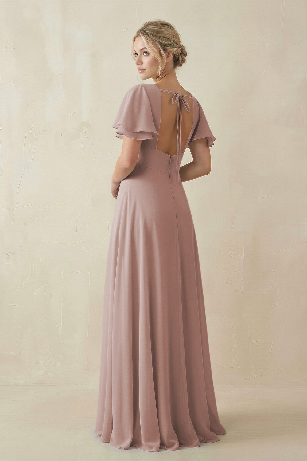 V-Neck Ruffled Short Sleeves A-Line Bridesmaid Dress in Toffee