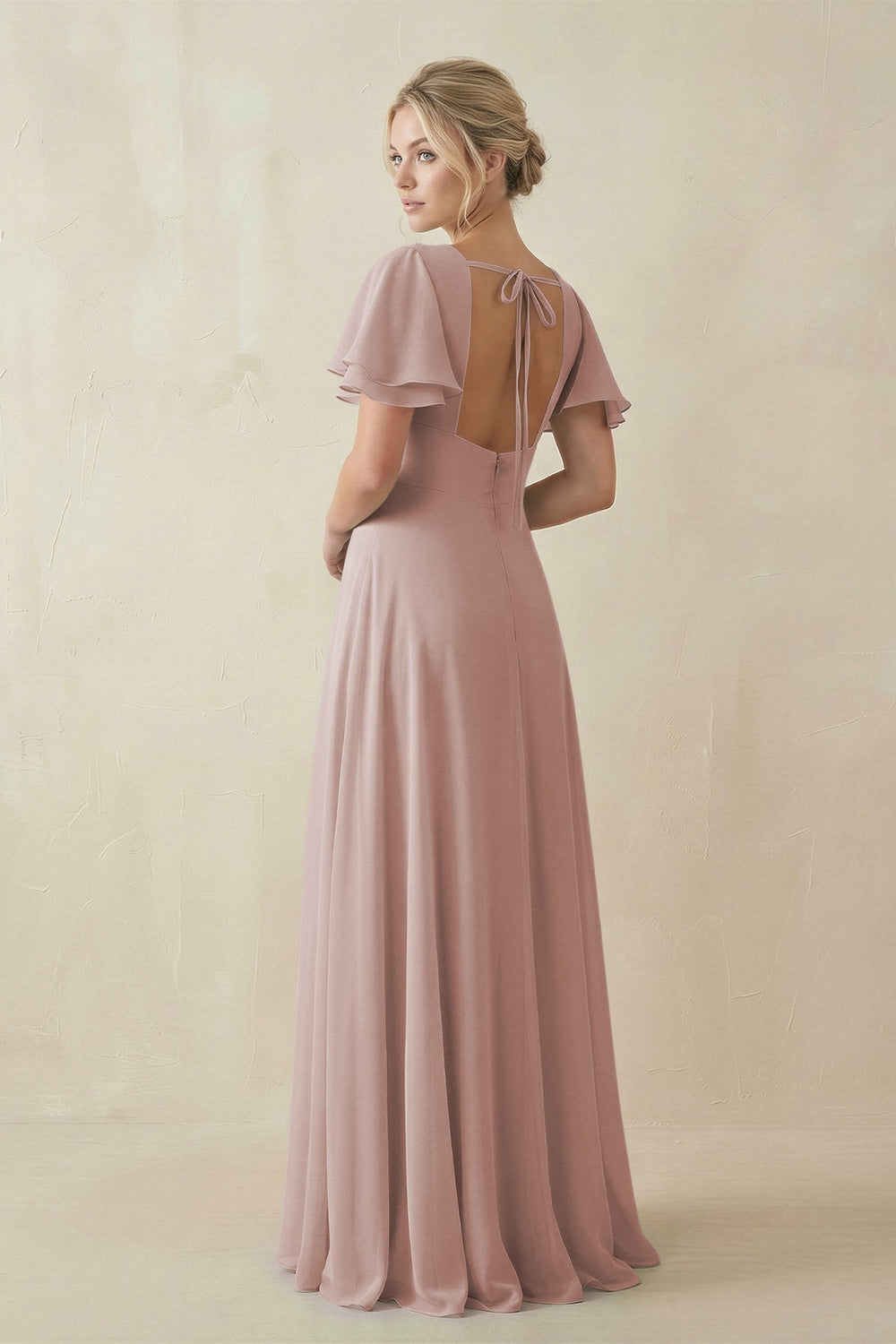 V - Neck Ruffled Short Sleeves A - Line Bridesmaid Dress in Toffee - KISS BRIDAL Bridesmaid Dresses