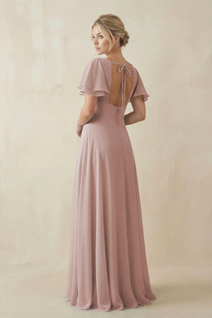 V - Neck Ruffled Short Sleeves A - Line Bridesmaid Dress in Toffee - KISS BRIDAL Bridesmaid Dresses