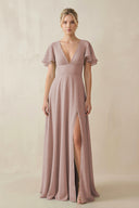 V-Neck Ruffled Short Sleeves A-Line Bridesmaid Dress in Toffee | KISSBRIDAL