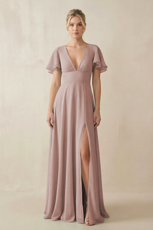 V-Neck Ruffled Short Sleeves A-Line Bridesmaid Dress in Toffee | KISSBRIDAL