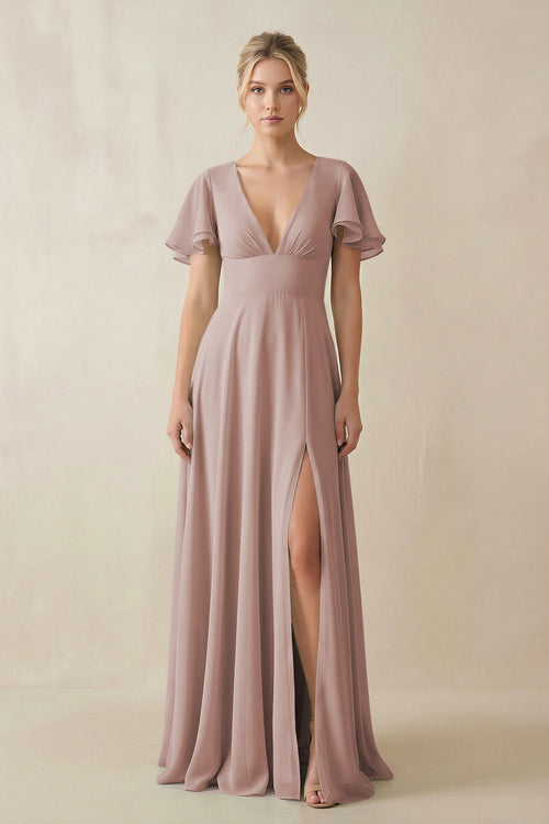 V-Neck Ruffled Short Sleeves A-Line Bridesmaid Dress in Toffee | KISSBRIDAL
