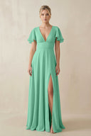 V - Neck Ruffled Short Sleeves A - Line Bridesmaid Dress in Turquoise - KISS BRIDAL Bridesmaid Dresses
