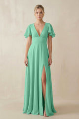 V - Neck Ruffled Short Sleeves A - Line Bridesmaid Dress in Turquoise - KISS BRIDAL Bridesmaid Dresses