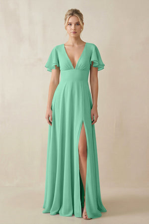 V - Neck Ruffled Short Sleeves A - Line Bridesmaid Dress in Turquoise - KISS BRIDAL Bridesmaid Dresses