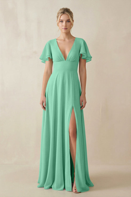 V - Neck Ruffled Short Sleeves A - Line Bridesmaid Dress in Turquoise - KISS BRIDAL Bridesmaid Dresses