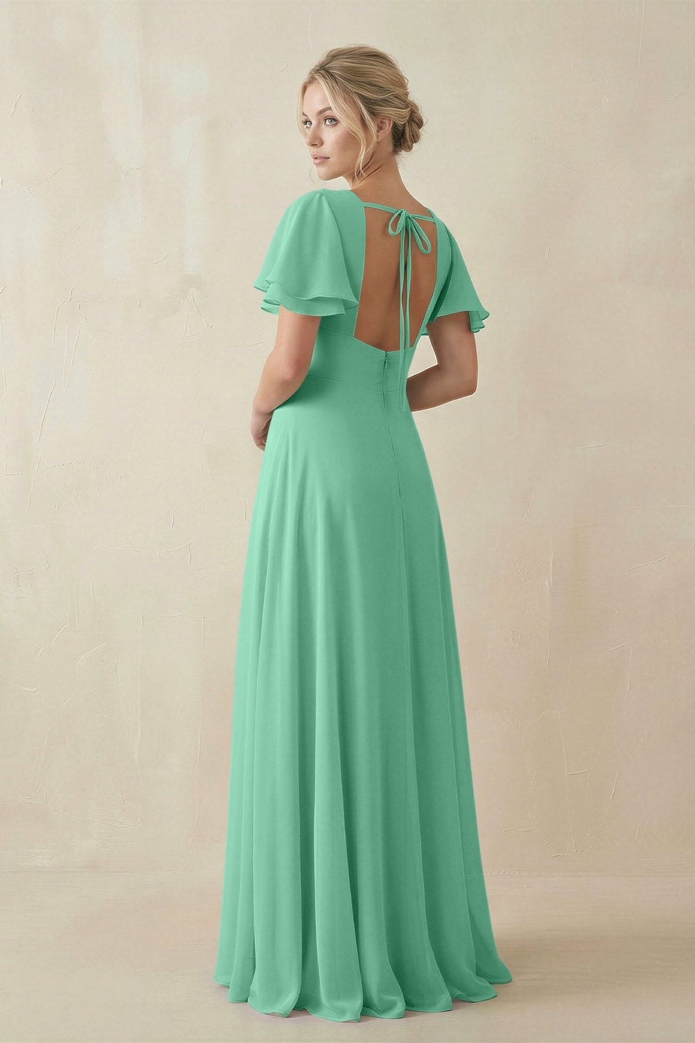 V - Neck Ruffled Short Sleeves A - Line Bridesmaid Dress in Turquoise - KISS BRIDAL Bridesmaid Dresses