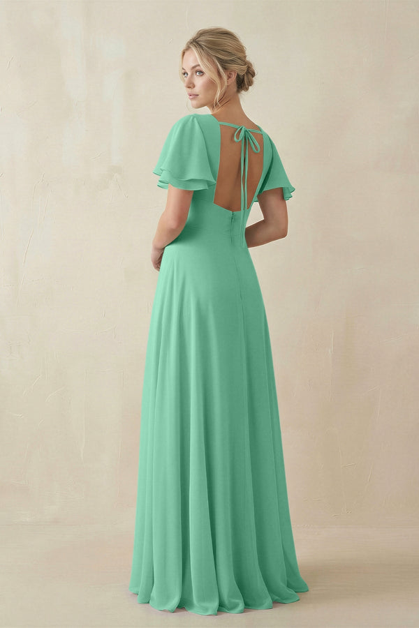 V - Neck Ruffled Short Sleeves A - Line Bridesmaid Dress in Turquoise - KISS BRIDAL Bridesmaid Dresses