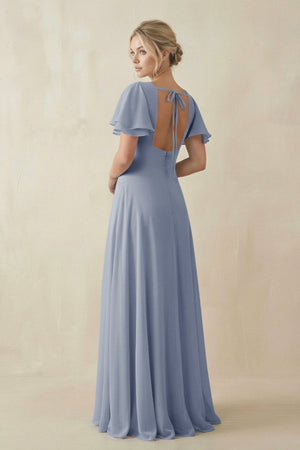 V - Neck Ruffled Short Sleeves A - Line Bridesmaid Dress in Twilight - KISS BRIDAL Bridesmaid Dresses