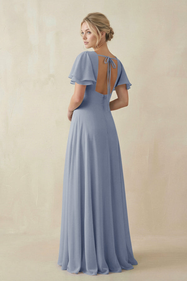 V - Neck Ruffled Short Sleeves A - Line Bridesmaid Dress in Twilight - KISS BRIDAL Bridesmaid Dresses
