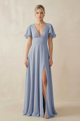 V - Neck Ruffled Short Sleeves A - Line Bridesmaid Dress in Twilight - KISS BRIDAL Bridesmaid Dresses