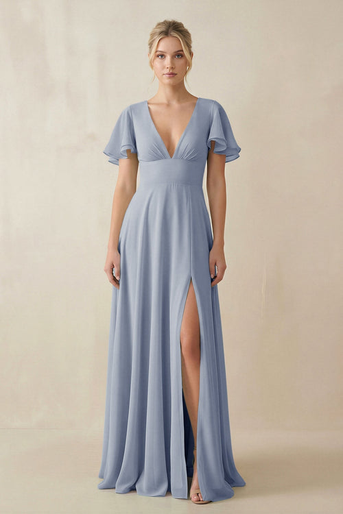 V - Neck Ruffled Short Sleeves A - Line Bridesmaid Dress in Twilight - KISS BRIDAL Bridesmaid Dresses