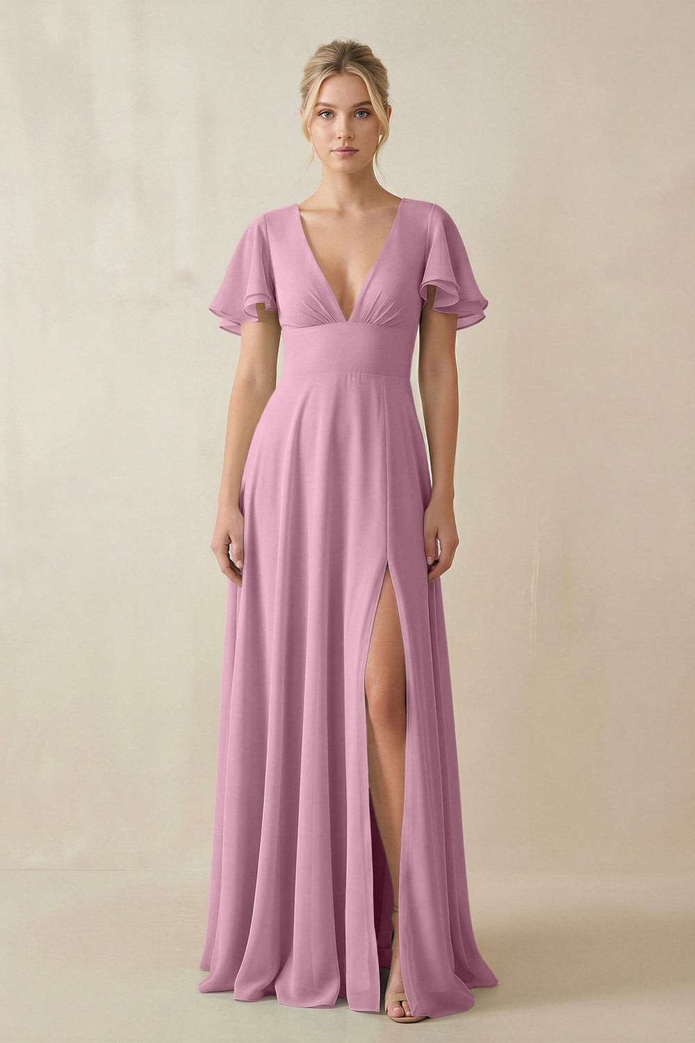 V - Neck Ruffled Short Sleeves A - Line Bridesmaid Dress in Vintage Mauve - KISS BRIDAL Bridesmaid Dresses
