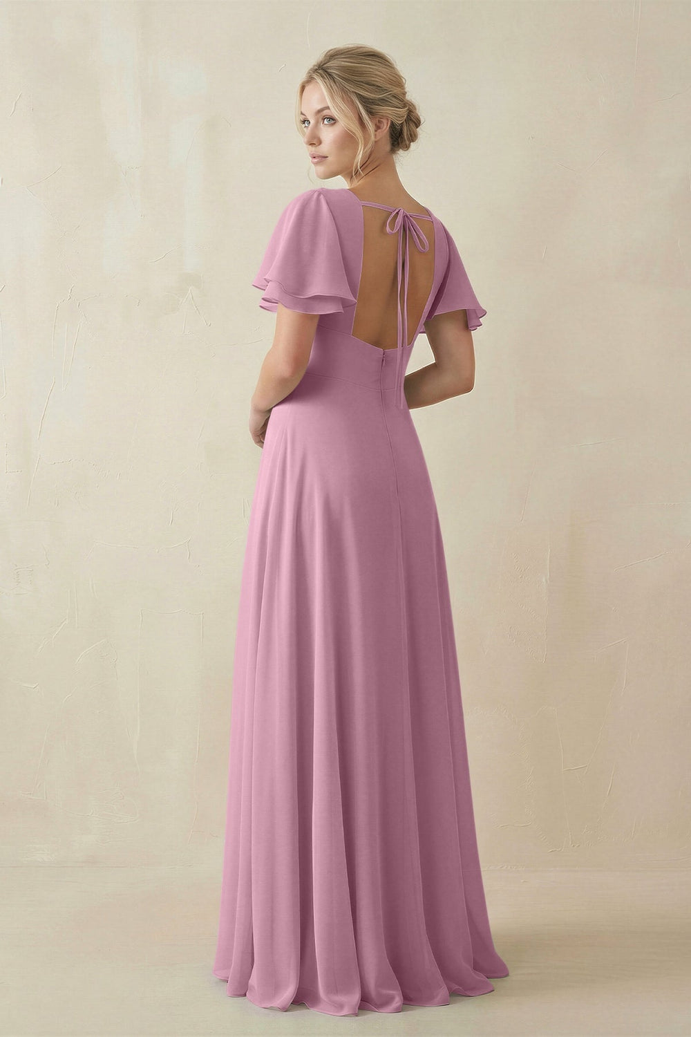 V - Neck Ruffled Short Sleeves A - Line Bridesmaid Dress in Vintage Mauve - KISS BRIDAL Bridesmaid Dresses