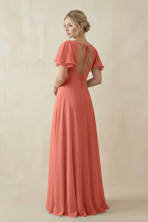 V - Neck Ruffled Short Sleeves A - Line Bridesmaid Dress in Wild Rose - KISS BRIDAL Bridesmaid Dresses