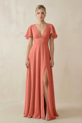 V - Neck Ruffled Short Sleeves A - Line Bridesmaid Dress in Wild Rose - KISS BRIDAL Bridesmaid Dresses