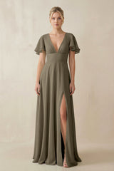 V - Neck Ruffled Short Sleeves A - Line Bridesmaid Dress in Willow Green - KISS BRIDAL Bridesmaid Dresses