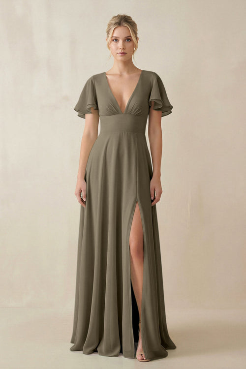 V - Neck Ruffled Short Sleeves A - Line Bridesmaid Dress in Willow Green - SHE IS ME Bridesmaid Dresses