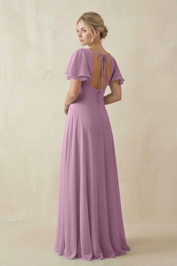 V - Neck Ruffled Short Sleeves A - Line Bridesmaid Dress in Wisteria - KISS BRIDAL Bridesmaid Dresses