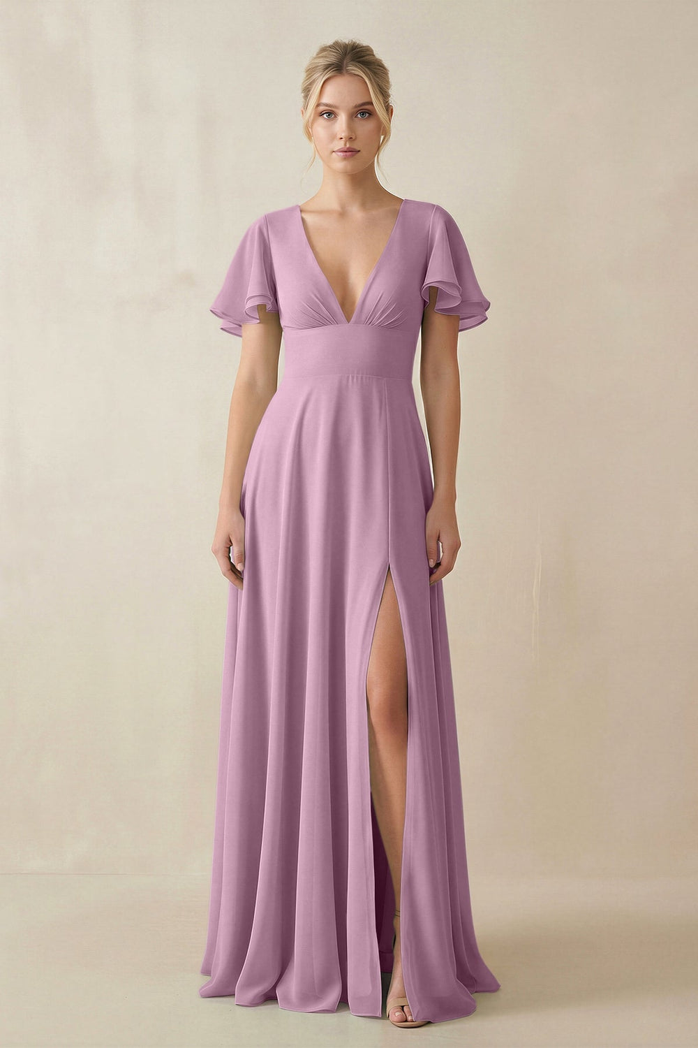 V - Neck Ruffled Short Sleeves A - Line Bridesmaid Dress in Wisteria - KISS BRIDAL Bridesmaid Dresses
