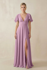 V - Neck Ruffled Short Sleeves A - Line Bridesmaid Dress in Wisteria - KISS BRIDAL Bridesmaid Dresses