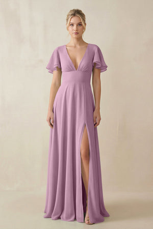 V - Neck Ruffled Short Sleeves A - Line Bridesmaid Dress in Wisteria - KISS BRIDAL Bridesmaid Dresses