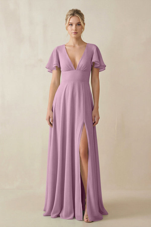 V - Neck Ruffled Short Sleeves A - Line Bridesmaid Dress in Wisteria - KISS BRIDAL Bridesmaid Dresses