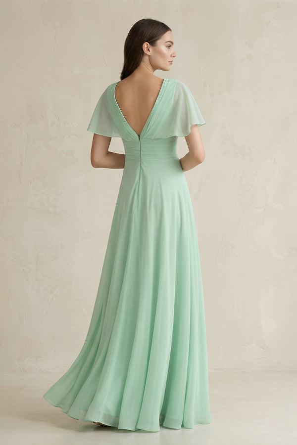 V-Neck Ruffled Sleeve A-Line Chiffon Bridesmaid Dress in Pale Pistachio - SHE IS ME BRIDESMAID DRESSES