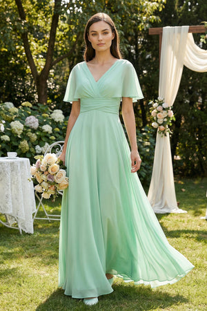 V-Neck Ruffled Sleeve A-Line Chiffon Bridesmaid Dress in Pale Pistachio - SHE IS ME BRIDESMAID DRESSES