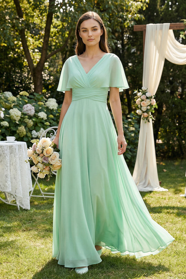 V-Neck Ruffled Sleeve A-Line Chiffon Bridesmaid Dress in Pale Pistachio - SHE IS ME BRIDESMAID DRESSES