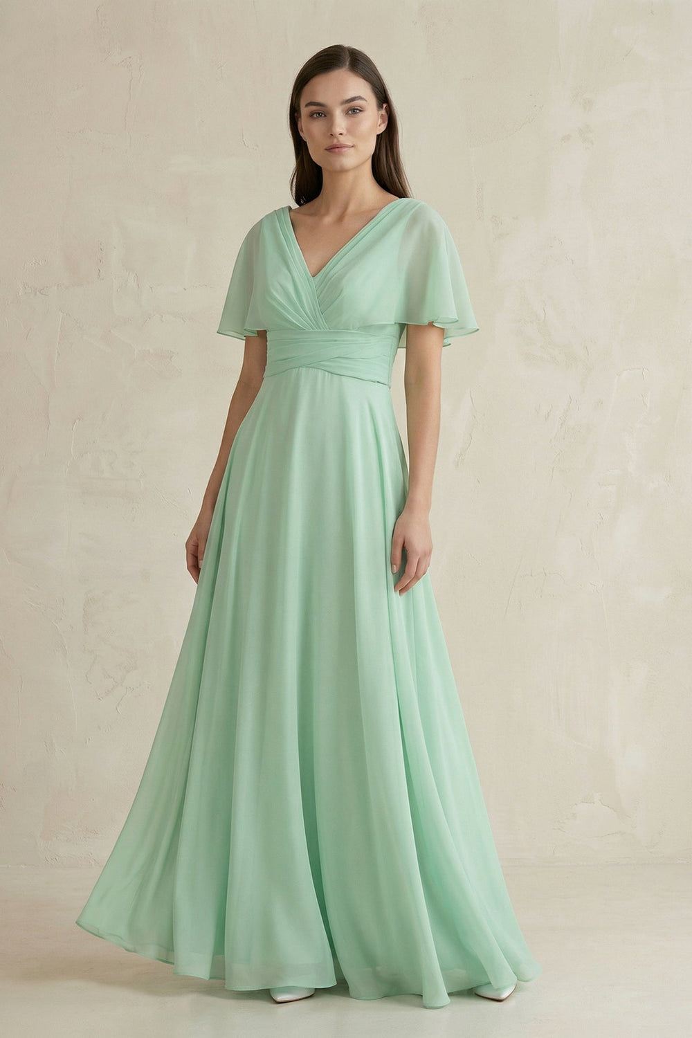 V-Neck Ruffled Sleeve A-Line Chiffon Bridesmaid Dress in Pale Pistachio - SHE IS ME BRIDESMAID DRESSES