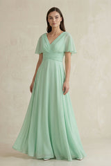 V-Neck Ruffled Sleeve A-Line Chiffon Bridesmaid Dress in Pale Pistachio - KISS BRIDAL BRIDESMAID DRESSES
