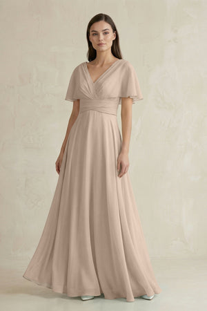 V - Neck Ruffled Sleeve A - Line Chiffon Bridesmaid Dress in Almond - SHE IS ME Bridesmaid Dresses