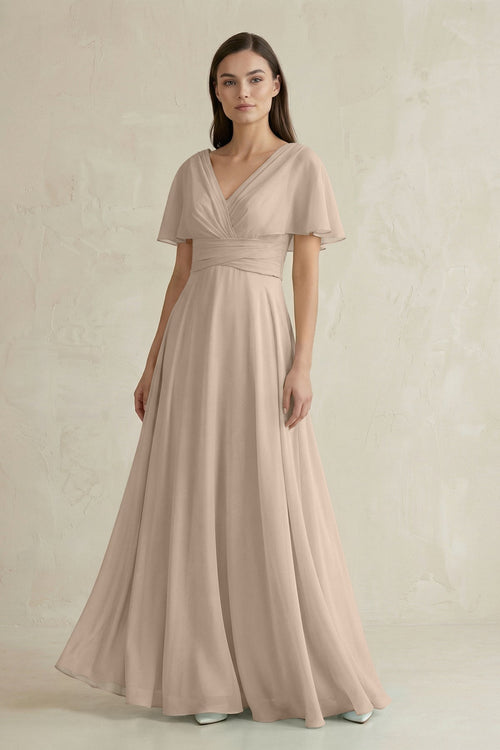 V - Neck Ruffled Sleeve A - Line Chiffon Bridesmaid Dress in Almond - SHE IS ME Bridesmaid Dresses