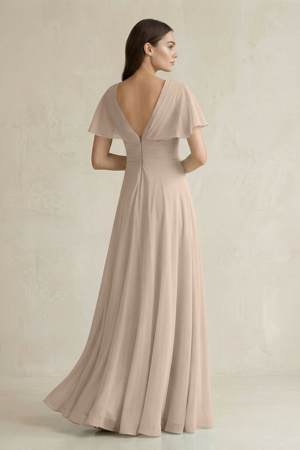 V - Neck Ruffled Sleeve A - Line Chiffon Bridesmaid Dress in Almond - SHE IS ME Bridesmaid Dresses