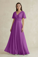 V - Neck Ruffled Sleeve A - Line Chiffon Bridesmaid Dress in Amethyst - KISS BRIDAL Bridesmaid Dresses