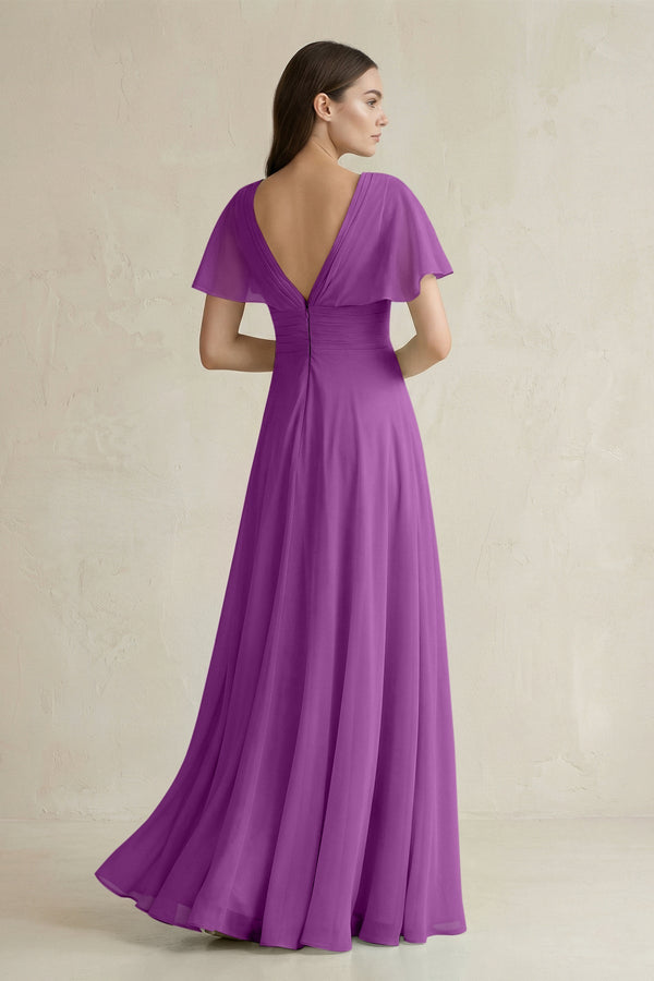 V - Neck Ruffled Sleeve A - Line Chiffon Bridesmaid Dress in Amethyst - SHE IS ME Bridesmaid Dresses