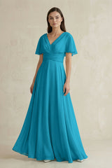 V - Neck Ruffled Sleeve A - Line Chiffon Bridesmaid Dress in Blue Jay - KISS BRIDAL Bridesmaid Dresses
