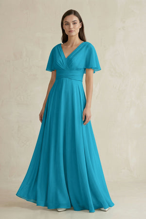 V - Neck Ruffled Sleeve A - Line Chiffon Bridesmaid Dress in Blue Jay - SHE IS ME Bridesmaid Dresses