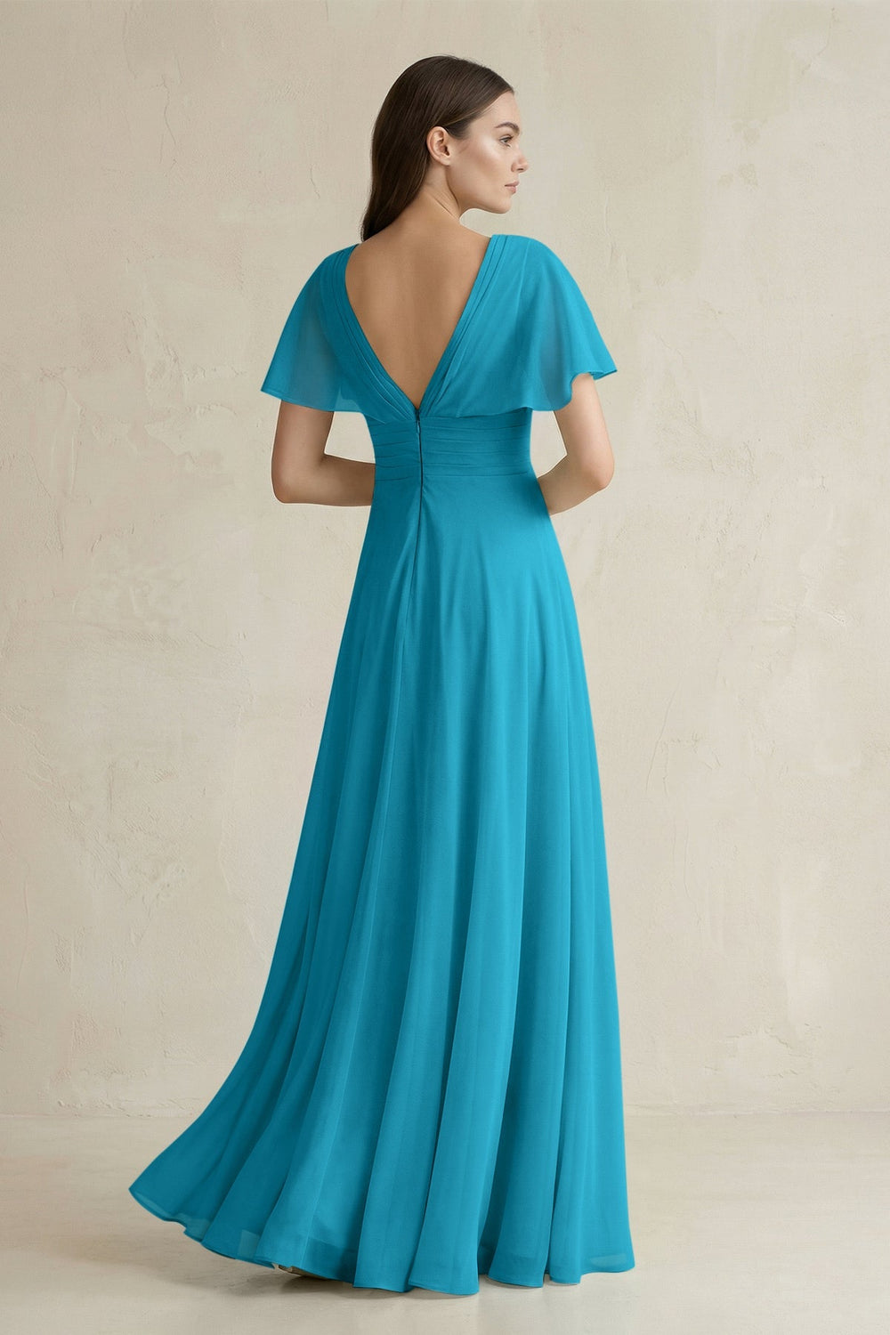 V - Neck Ruffled Sleeve A - Line Chiffon Bridesmaid Dress in Blue Jay - SHE IS ME Bridesmaid Dresses