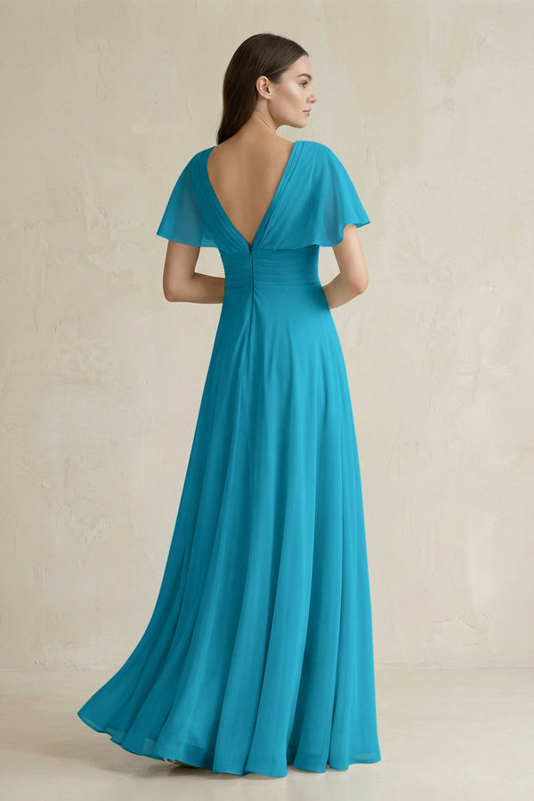 V - Neck Ruffled Sleeve A - Line Chiffon Bridesmaid Dress in Blue Jay - SHE IS ME Bridesmaid Dresses