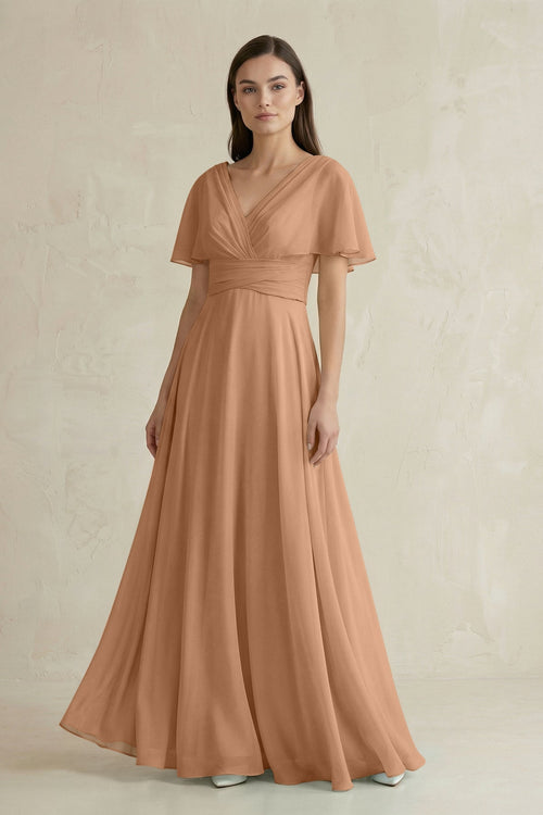 V-Neck Ruffled Sleeve A-Line Chiffon Bridesmaid Dress in Bronzer