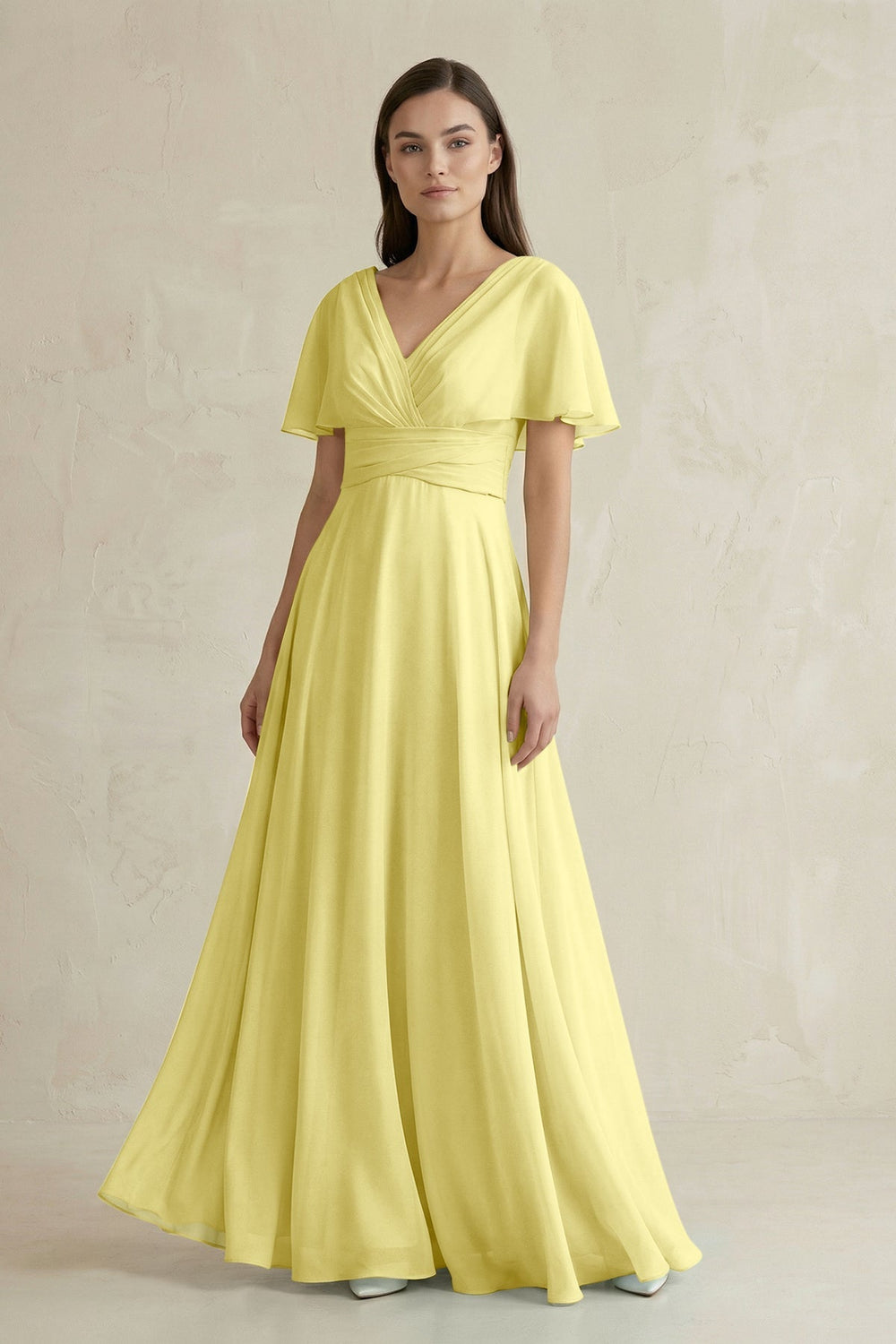 V - Neck Ruffled Sleeve A - Line Chiffon Bridesmaid Dress in Buttercup - SHE IS ME Bridesmaid Dresses