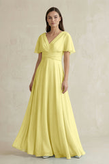 V - Neck Ruffled Sleeve A - Line Chiffon Bridesmaid Dress in Buttercup - KISS BRIDAL Bridesmaid Dresses
