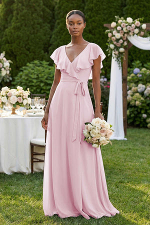 V - Neck Ruffled Sleeve A - Line Chiffon Bridesmaid Dress in Candy Pink - SHE IS ME Bridesmaid Dresses