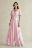 V - Neck Ruffled Sleeve A - Line Chiffon Bridesmaid Dress in Candy Pink - SHE IS ME Bridesmaid Dresses