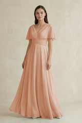 V - Neck Ruffled Sleeve A - Line Chiffon Bridesmaid Dress in Champagne Rose - KISS BRIDAL Bridesmaid Dresses