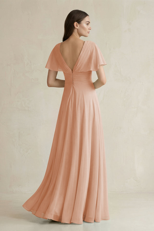 V - Neck Ruffled Sleeve A - Line Chiffon Bridesmaid Dress in Champagne Rose - SHE IS ME Bridesmaid Dresses