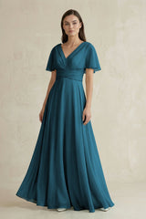 V - Neck Ruffled Sleeve A - Line Chiffon Bridesmaid Dress in Dark Teal - KISS BRIDAL Bridesmaid Dresses