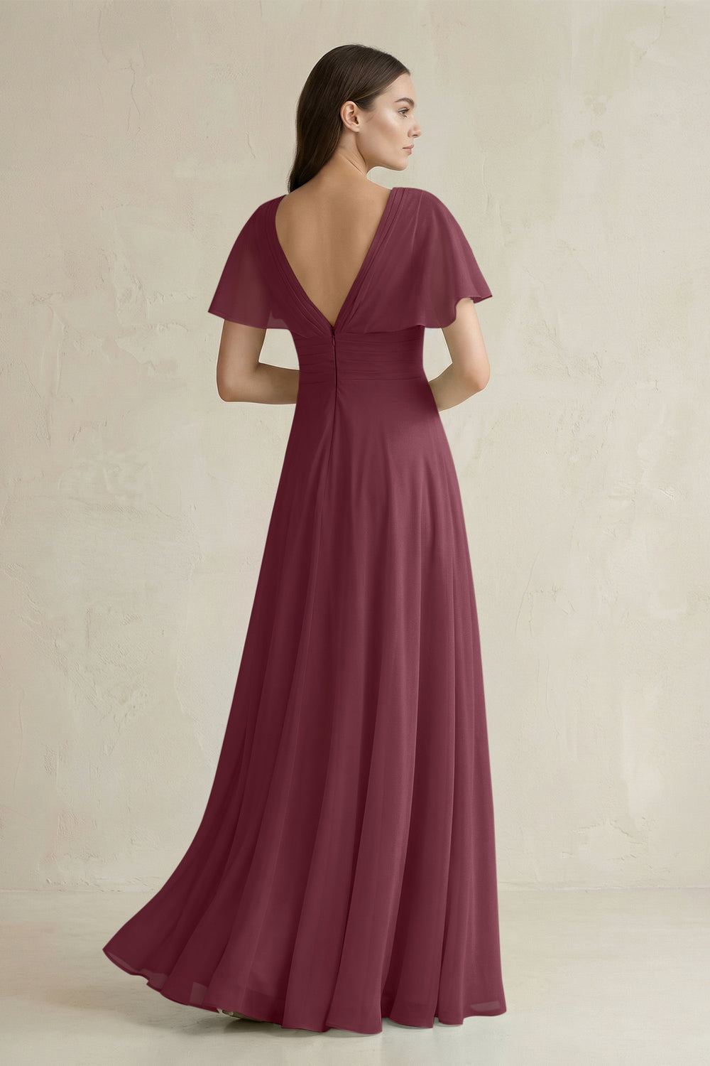 V-Neck Ruffled Sleeve A-Line Chiffon Bridesmaid Dress in Desert Rose